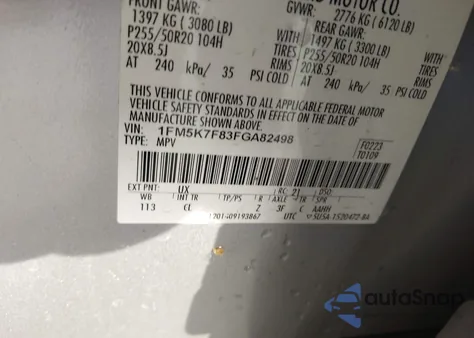 2015 Ford Explorer Limited from USA, damaged, VIN 1FM5K7F83FGA82498